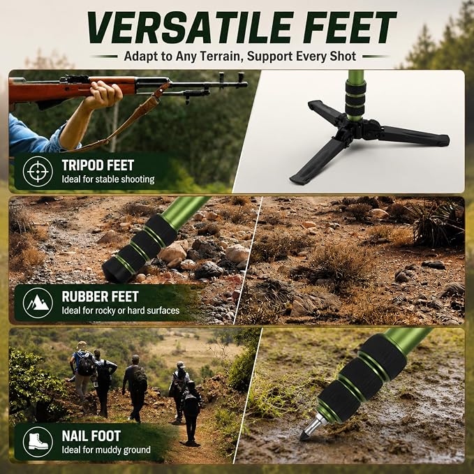 Hunting Monopod Shooting Tripod Stick Gun Rifle Rest | Tiltable and Horizontally Rotatable Tri-Stand Tripod Base, 21"-65" Height Adjustment, Matt Aluminum Construction - Image 4