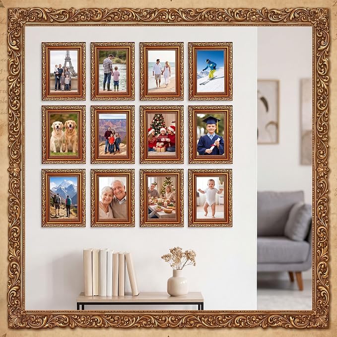 Capoda 12 Pcs 4x6 Magnetic Picture Frames Gold Vintage Picture Frames for Refrigerator Vintage Gallery Tabletop Display Gold Photo Decor for Home Wedding Living Room Decor Supplies - Image 2