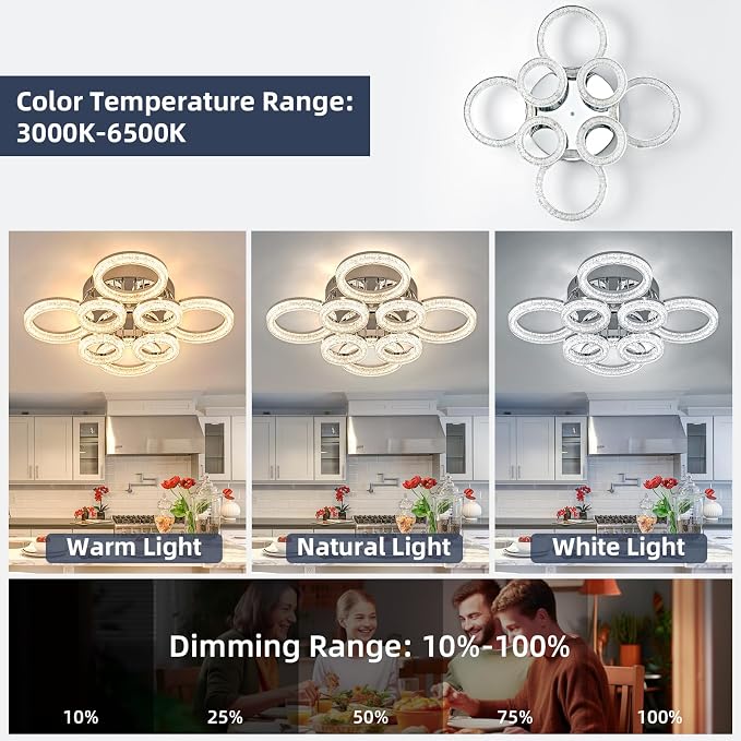 Modern Ceiling Light, 8 Rings 26.8'' Dimmable LED 106W Flush Mount Ceiling Lights with Remote Acrylic Crystal Round Ceiling Light Fixture, Bedroom Living Room Dining Room, Chrome - Image 2
