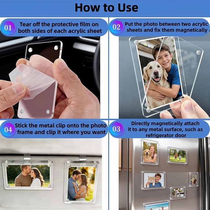 4 Pack Car Picture Holder, Clear Acrylic Magnetic Car Visor Photo Clip | Clear Anti-yellow Acrylic, Strong Magnets & Stable Metal Clip; Horizontal/Vertical Display, Personalized Car Picture Frame - Image 4