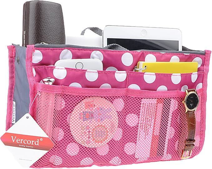 Vercord Purse Organizer Insert for Handbags Bag Organizers Inside Tote Pocketbook Women Nurse Nylon 13 Pockets Rose Dot Large - Image 2