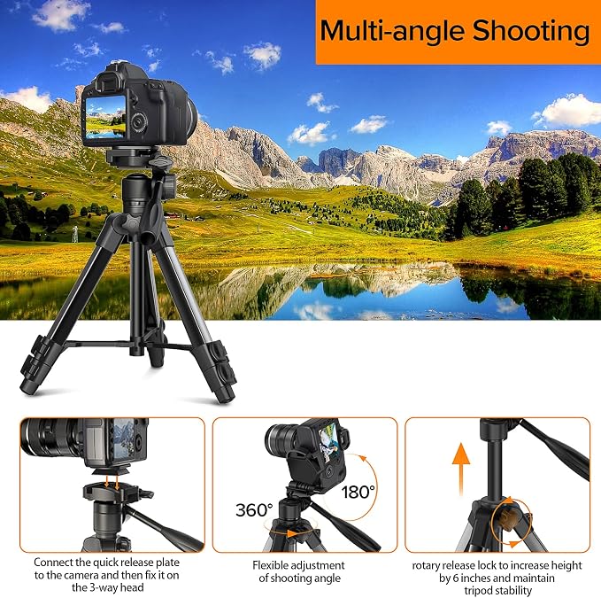 66.7" Camera Tripod Monopod with 3-Way Swivel Head, Aluminum Camera Stand | Camera Tripod with Quick Release Plate & Carry Bag, Fits Canon Nikon DSLR, GoPro, Video Cameras, Camcorders and Smartphones - Image 4