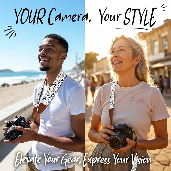 Art Tribute Camera Strap - Shoulder, Crossbody & Neck Camera Strap for Photographers, Fits All Cameras, Canon Nikon Sony Fujifilm, Padded Strap W/Quick Release, Embroidered Cotton & Leather Ends - Image 2