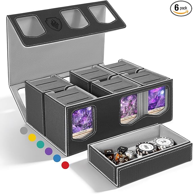 Fabmaker 6 Deck Box Compatible with MTG, Large Capacity Trading Card Storag | Box for Comman-der, 7-in-1 Leather Magnetic Closure Card Box with Token Tray, Card Box Compatible with Magic the Gathering by Fabmaker