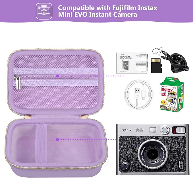 Carrying Case Compatible with Instax Mini EVO Instant Camera, INSTAX MINI EVO Camera Storage Holder Travel Bag with Mesh Pocket for Photos, USB Cables, Film, Purple - Image 2