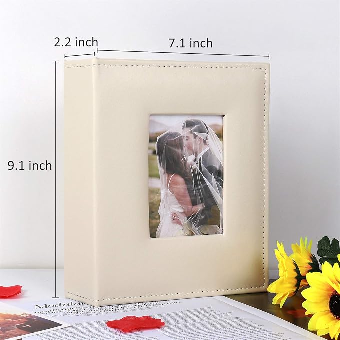 RECUTMS Photo Album 4x6 200 Pockets Leather Cover Wedding Photo Book Beige | Black Page, Horizontal Pockets, Small Albums for Family Anniversary Travel, DIY Cover Window, Baby Photobook, Slip-in Picture - Image 2
