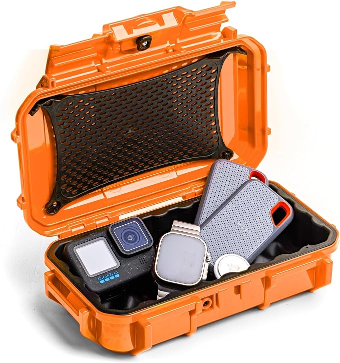 Evergreen Dry Box Tech Organizer – For Camera, Cables, Hard Drives, Memory Cards, Keys, Compatible with GoPro, Airtags (Medium, Rubber Boot, Orange) by EvergreenCases