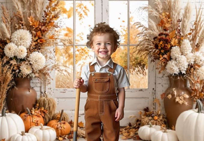 Kate Fall Photography Backdrops Autumn Harvest Pumpkin White Brick Wall Boho Theme Photography Props, 7x5ft - Image 4