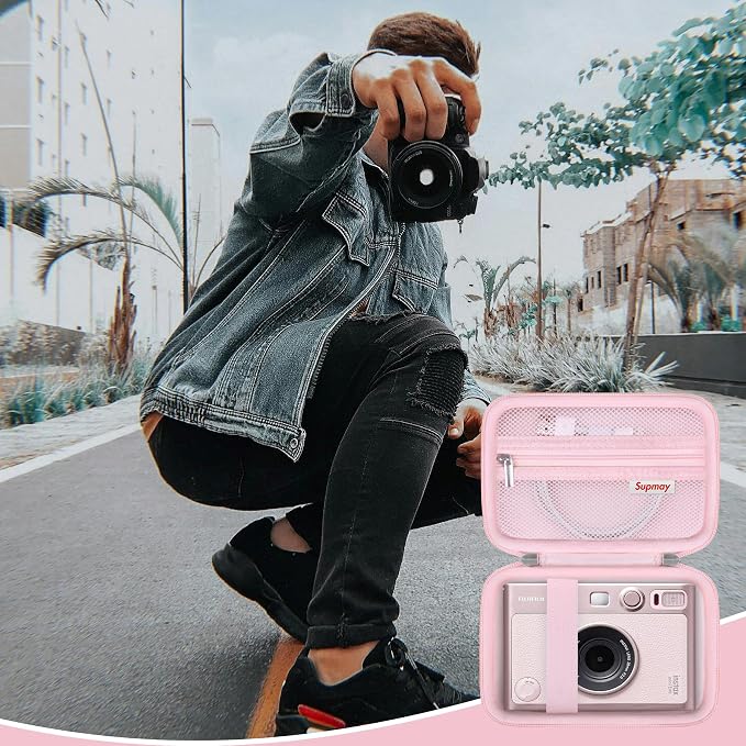 Carrying Case Compatible with Fujifilm Instax Mini EVO Instant Camera, INSTAX MINI EVO Camera Storage Holder Travel Bag with Mesh Pocket for Photos, USB Cables, Film, Pink - Image 7