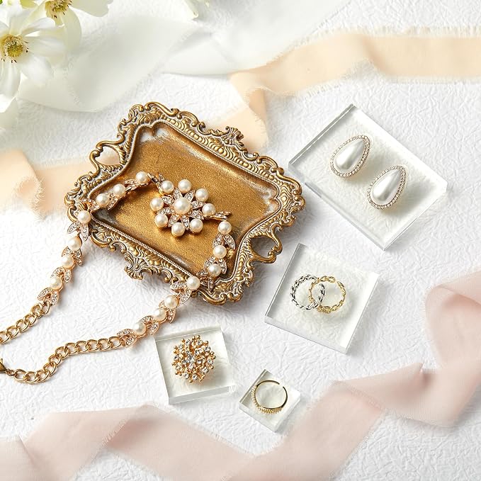 Cinnvoice 8 Pcs Flat Lay Photography Props Set for Jewelry & Wedding Details, Vintage Jewelry Tray, Acrylic Display Blocks, Chiffon Silk Ribbon for Bridal Party Decor Gift(4 Square Bases) - Image 6