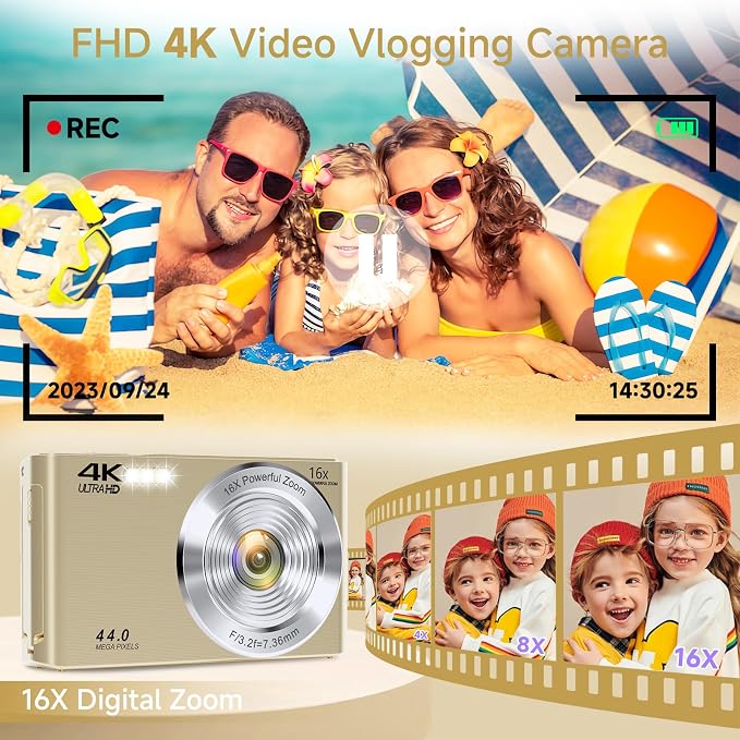 Digital Camera, 2026 FHD 4K Autofocus Digital Camera with 64GB SD Card 16X Digital Zoom, Gold Cameras for Photography Portable Compact Point and Shoot Camera for Teens Adult Kids Gift - Image 3