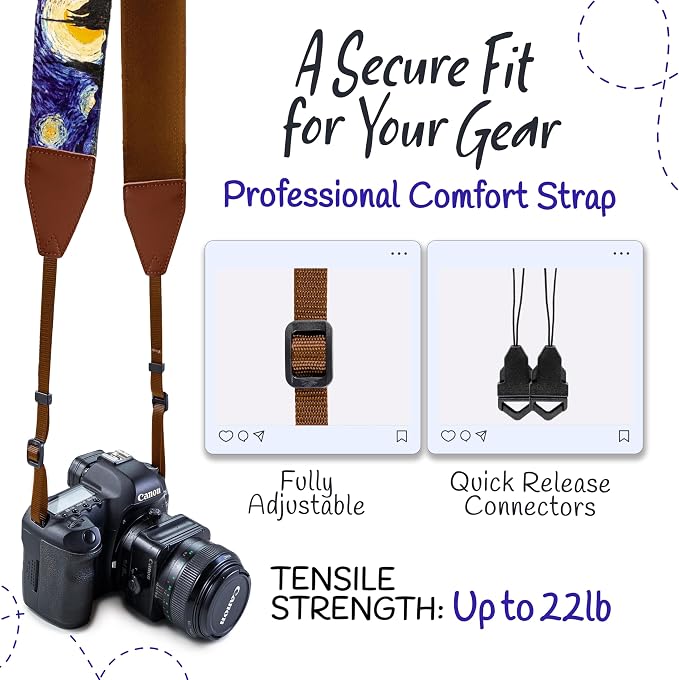 Art Tribute Camera Strap - Shoulder, Crossbody & Neck Camera Strap for Photographers, Fits All Cameras, Canon Nikon Sony Fujifilm, Padded Strap W/Quick Release, Leather Ends, Van Gogh Starry Night - Image 4