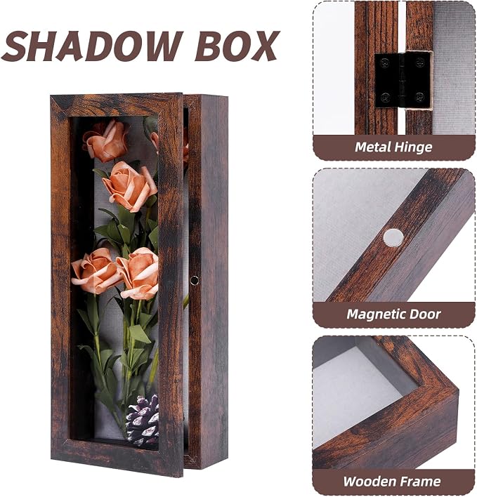 Muzilife 12.5x5 Shadow Box Picture Frame, 2.16 Deep, HD Glass, Honey Brown | FSC-Wood, Magnetic Door, Linen Interior & Pins, Vertical, Horizontal Wall Hanging, Display Case Frame for Photos & Keepsakes - Image 4