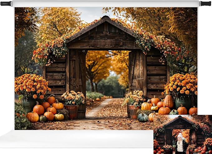Kate Fall Backdrop Thanksgiving Backdrops for Photography Fall Maple Leaves Pumpkin Barn Door Backgrounds, 7x5ft by KateBackdropforPhotography