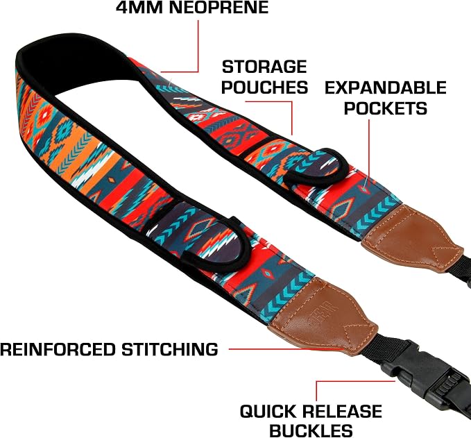 USA Gear TrueSHOT Camera Strap Neoprene Camera Straps - Padded Neck Strap, Pockets, and Quick Release Buckles - Compatible with Canon, Nikon, Sony and More DSLR and Mirrorless Cameras (Southwest) - Image 4