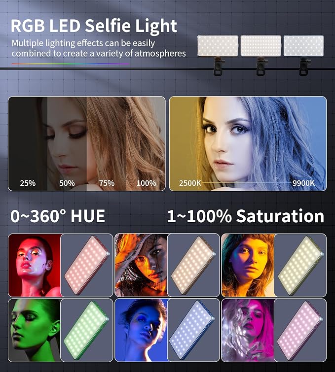Zecti 135 LED Selfie Camera Phone Light with Metal Hotshoe & Clip | 4000mAh CRI 96+ RGB Video Light, 2500K-9900K 21 Scenes Portable Camera Light for TikTok,Content Creator,12W Max Output Power - Image 3