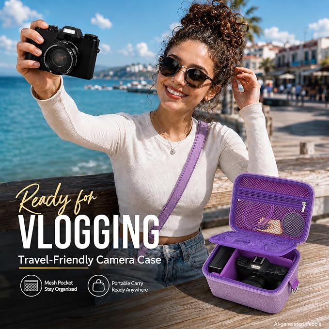 Comecase Large Travel 4K Vlogging Camera Case for Duluvulu/for AUREAPIX | Outdoor Camera Storage with 2 Dividers and Mesh Pocket, for Vloggers and Content Creators, Trip Ready, Full Purple- Case Only - Image 7