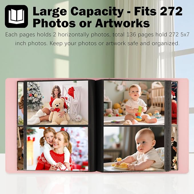 Photo Album 5x7 Holds 272 Pictures Leather Cover 5 x 7 Album Extra Large Capacity Picture Book Acid Free Inner Pages Book for Wedding Family Boys Girls Art Work Photos (Pink） - Image 3