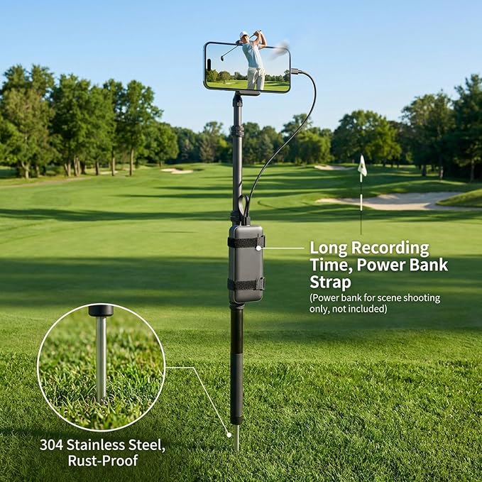 Ground Golf Monopod Phone Stand with Stainless Steel Spike | 46" Metal Extendable Pole, Phone Holder with Power Bank Straps, Golf Swing Video Recording for MagSafe & Smartphones - Image 2