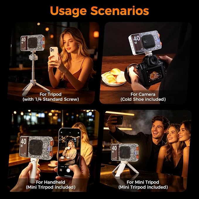 40W Portable LED Video Light, Rechargeable Fill Light with Mini Tripod | LEEKAI P40 6400mAh Bi-Color 120 Beads Camera Light with Soft Light Cover, 2500K-9000K TLCI 95+ CRI>95 Selfie Light for Vlog - Image 7