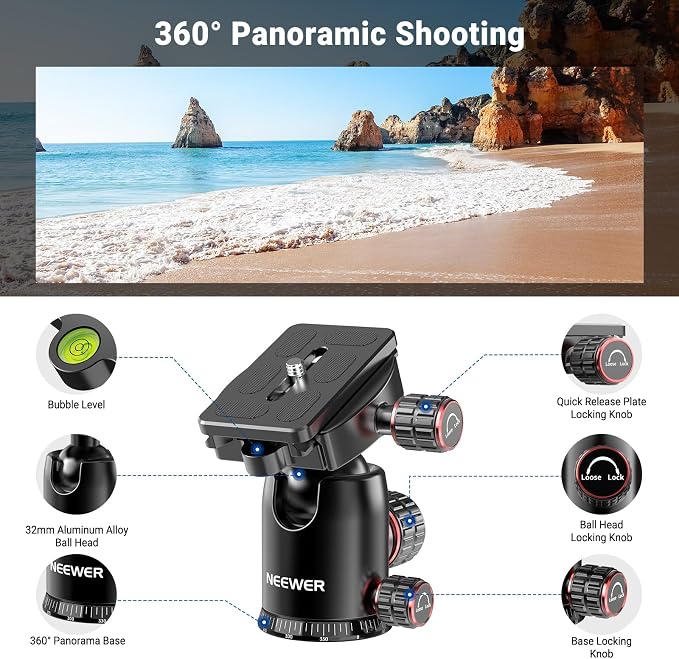 NEEWER 90 Inch Tall Overhead Horizontal Camera Tripod Monopod with Ball Head & Flexible Center Column, Metal DSLR Video Travel Stand, Arca Type QR Plate & Inverted Legs, Max Load 10 kg / 22 lbs, TP63 - Image 3