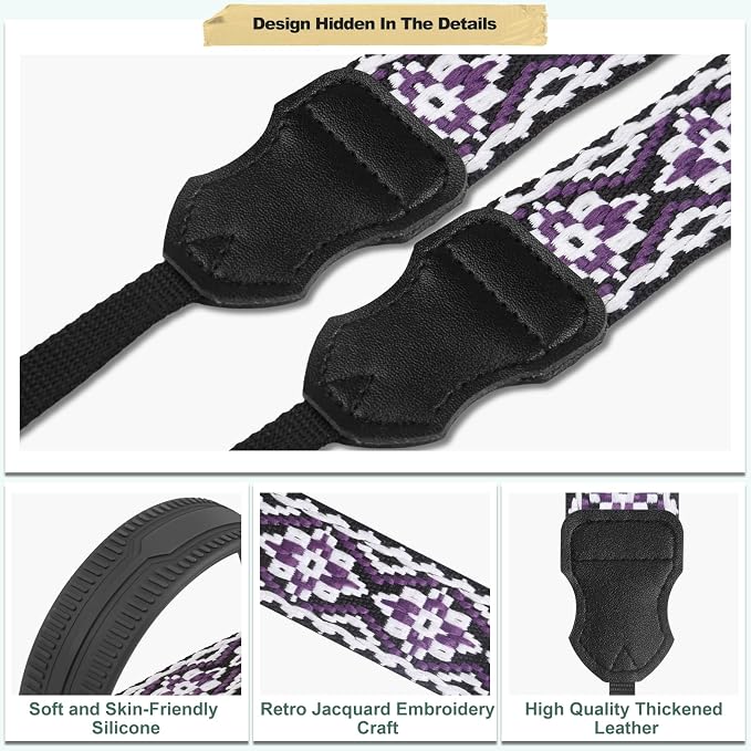 FIEIL Neck Strap Silicone Camera Straps - Padded Camera Strap, 1.5" Wide Adjustable Neck Strap - Compatible with Canon, Nikon, Sony, and More DSLR and Mirrorless Cameras (Purple and Black) - Image 3
