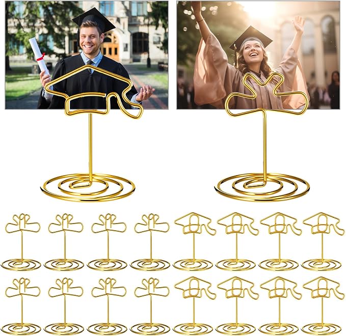 36 Pcs 2026 Graduation Gold Photo Holders for Table Centerpieces Metal Photo Holder Gold Picture Display Stands Menu Memo Clips for Graduation Party Table Decoration Supplies(Certificate, Cap) by Unknown