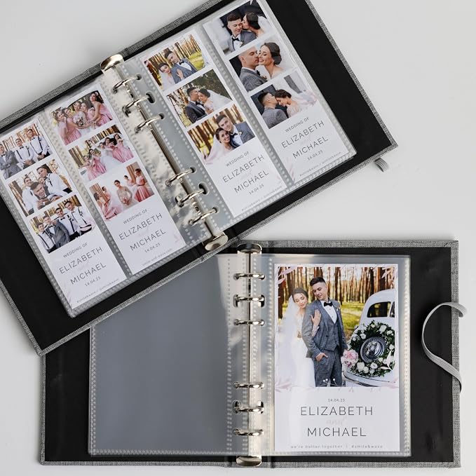 Photo Album For 2X6 Photo Booth Slip In Strips And 4X6 Pictures - 6 Ring Notebook Binder With 20 2 By 6 Sleeves - Fits 80 Photobooth Prints (SIMPLE GREY - LINEN HARDCOVER, 4X6) - Image 3