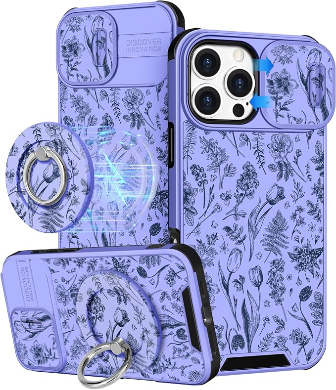 Buleens for iPhone 16 Pro Case 6.3 Inch - with Ring Stand & Camera Cover Aesthetic Cute Designed for Women Girls Teens Kawaii Flowers Floral Phone Case for iPhone 16 Pro Compatible with Magsafe by Buleens