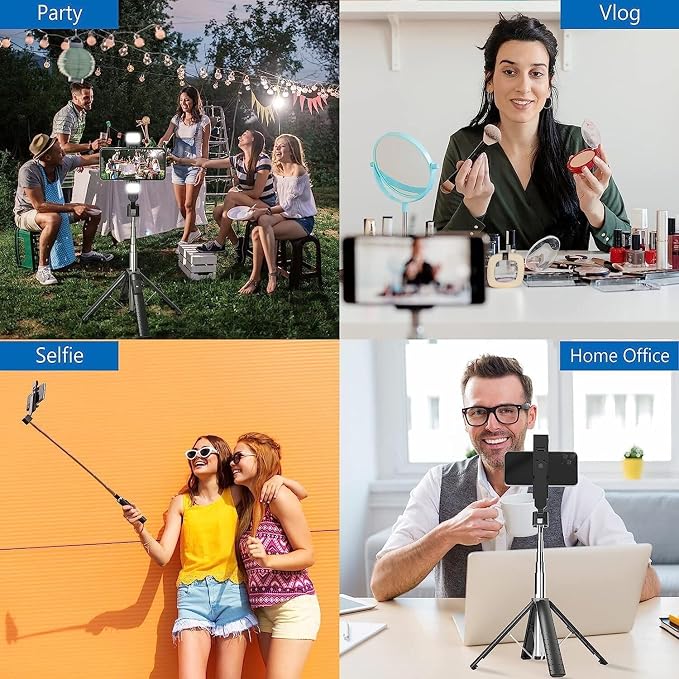 41” Selfie Stick Tripod Quadrapod with 2 Rechargeable Fill Light, Extendable Tripod with Bluetooth Remote, Stainless Steel, 3 Light Modes, 9 Brightness Levels, Compatible for All iPhone & Android - Image 7