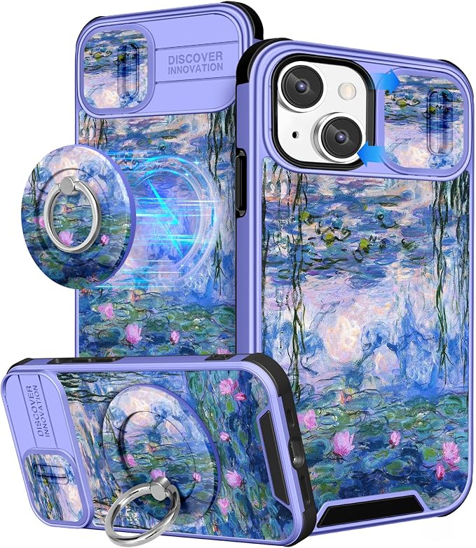 Buleens for iPhone 13 Case 6.1 Inch - with Ring Stand & Camera Cover Aesthetic Cute Designed for Women Girls Girly Pretty Blue Water Lily for Phone Case for iPhone 13 Compatible with Magsafe by Buleens