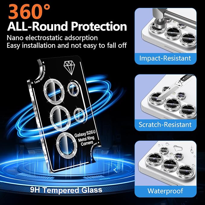 for Samsung Galaxy S26 Ultra Camera Lens Protector, Individual Metal Ring Tempered Glass Lens Cover, [Strong Adsorption] Scratch Resistant Ultra-Thin HD Clear Lens Cover, 1 Set-Gray Sparkly - Image 2