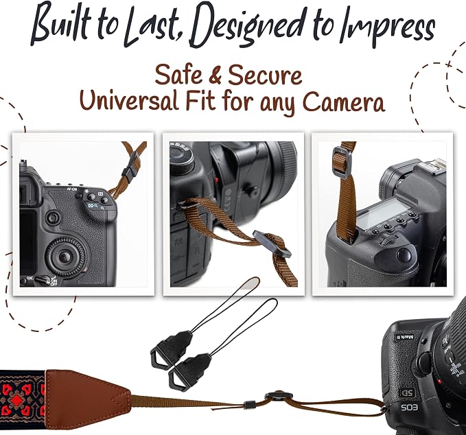 Art Tribute Camera Strap - Shoulder, Crossbody & Neck Camera Strap for Photographers, Fits All Cameras, Canon Nikon Sony Fujifilm, Padded Strap W/Quick Release, Embroidered Cotton & Leather Ends - Image 7