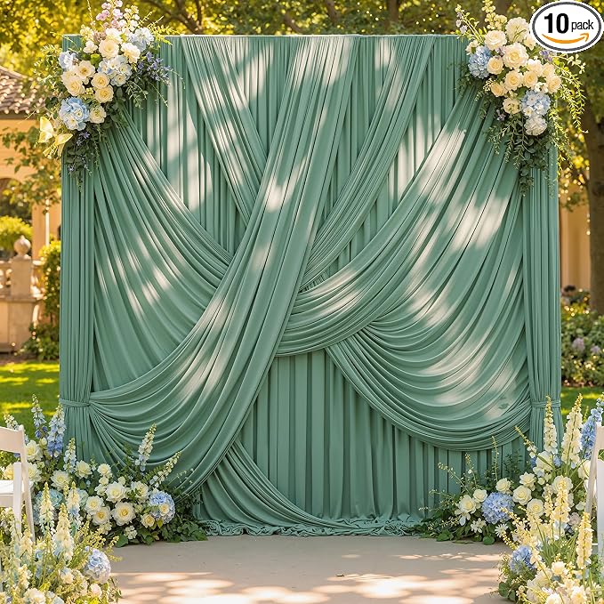 50x12 ft Sage Green Backdrop Curtains for Weddings, Birthdays and Photos | 10 Panels 5x12 ft, Wrinkle-Free Polyester Drapes, Washable, Ironable, 4 in Rod Pocket for Baby Showers Photography Background by PartyVillage