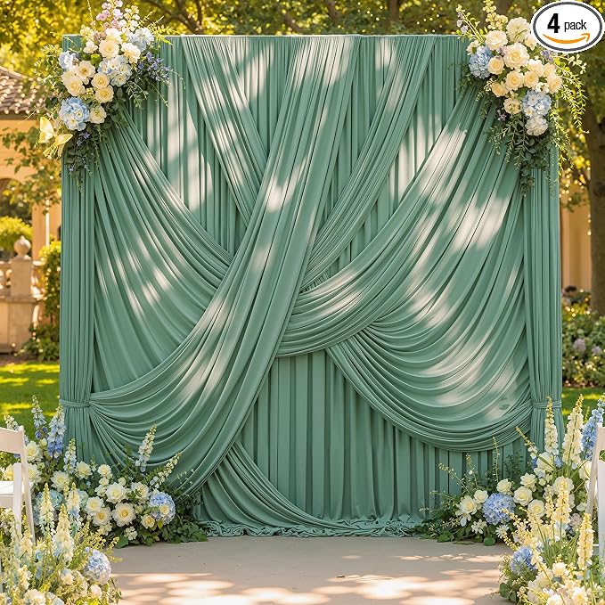 20x12 ft Sage Green Backdrop Curtains for Weddings, Birthdays and Photos | 4 Panels 5x12 ft, Wrinkle-Free Polyester Drapes, Washable, Ironable, 4 in Rod Pocket for Baby Showers Photography Background by PartyVillage