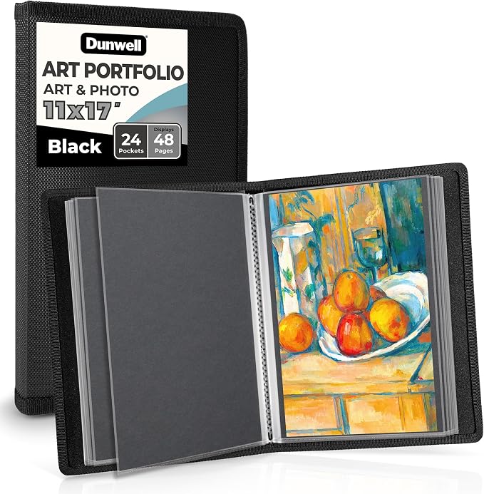 Dunwell 11x17 Art Portfolio Binder, 24-Sleeve, Black Mounting Paper, Black | 24 Clear Sleeves, Displays 48 Pages, Black Mounting Paper Included, Artwork Storage, Acid-Free Poly Protection by Dunwell