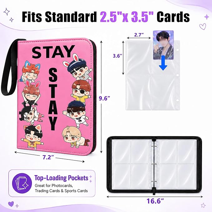 Cute Trading Photocard Binder, STAY Photo Album Cartoon Card Holder Book Storage 400 Cards with Sleeves for Lomo Cards Gift - Boys & Girls, idol Photo Protect (Pink, 4 Pockets) - Image 5