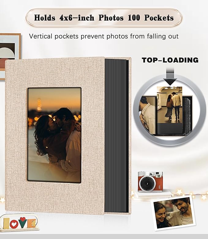 Ejblfe Photo Album 4x6,Linen Cover Slide-in Photo Album Book Can Holds 100 4x6 Photos with 50 Black Sheets for Family,Wedding,Baby and Holiday Pictures (Beige) - Image 3
