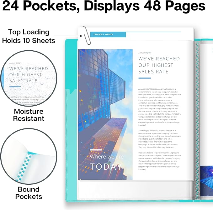 Dunwell 9x12 Presentation Binder, 24 Pockets, Displays 48 Pages, Aqua | Displays 48 Pages, Clear Plastic Sleeves, Acid-Free Poly, Fits 9x12 & A4 Documents - Image 4