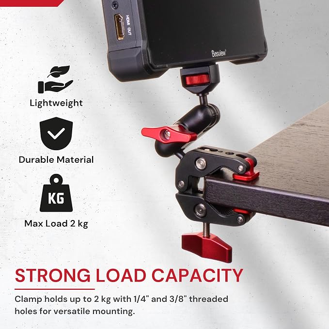 REFLEX CAMERA Super Clamp With 1/4" and 3/8" Threaded Holes for Mounting Cameras, Lights, Umbrellas, Hooks, Shelves, Plate Glass, Cross Bars, compatible with Magic Arm and more... - Image 6