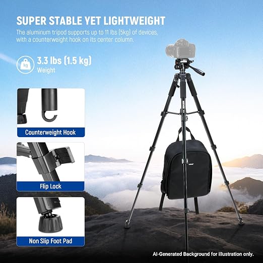 NEEWER BASICS Camera Tripod, 71'' Tripod with Cell Phone Holder Mount Compatible with iPhone for Video Recording, Professional Aluminum Lightweight Portable Travel Stand with 3 Way Pan Tilt Head, TP55 - Image 4