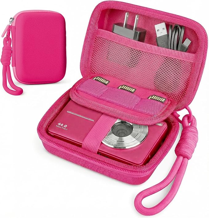 Digital Camera Case for CAMKORY/KODAK PIXPRO FZ45/FZ55/Canon IXUS 285 HS/AbergBest/Sony DSCW800/DSCW830 - Small Travel Compact Camera Holder with Mesh Pocket for SD Card & Accessories (Fuchsia) by Roseliya