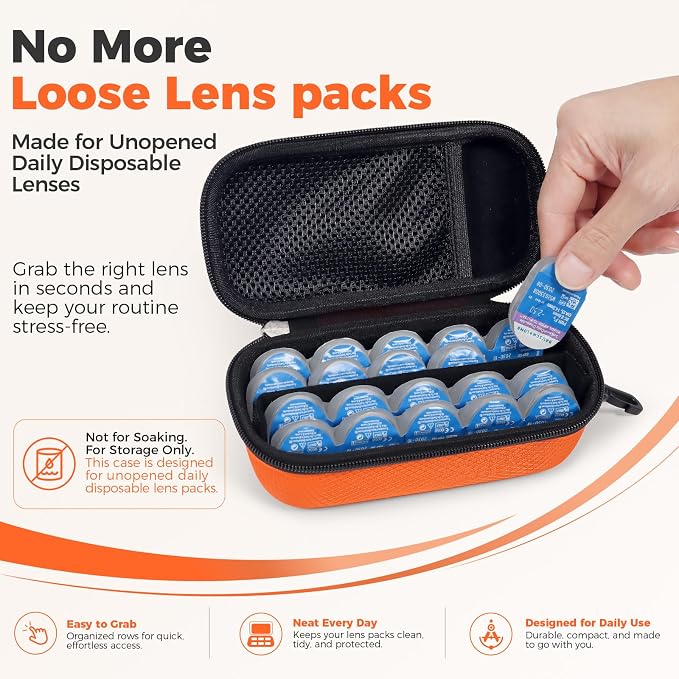 WOMACO Daily Contact Lens Case, Hard Shell Portable Contact Lens Travel Box for Disposable Daily Lenses, Left Right Separated Contact Lens Storage Organizer with Mesh Pocket (Orange, for 40 pieces) - Image 2