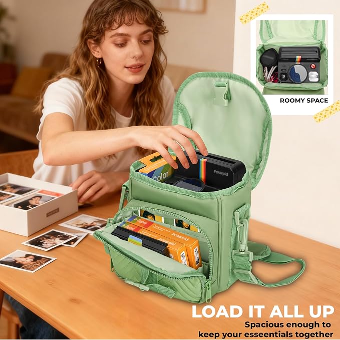 Camera Case for Polaroid Now 3rd/2nd Gen with Photo Display Window | Instant Camera Sling Bag with Clear Display Window, ilted Front Pocket, 8mm Padding, Top Handle and Adjustable Strap, Green - Image 2
