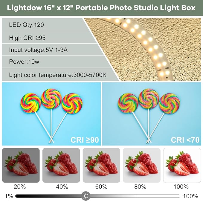Lightdow 16"x12"x12" Photo Studio Light Box Photography with 120 LEDs (CRI>95), 6 Backdrops - Portable/Dimmable/Versatile Folding Shooting Tents for Toys/Jewelry/Watches/Cosmetics Photography - Image 4