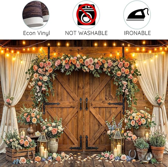 9x6ft Western Wedding Backdrop Rustic Barn Door Photography Backdrop Farmhouse Pink Flower Cabin Wooden Birthday Baby Shower Country Anniversary Bridal Party Banner Photo Booth Props Background - Image 7