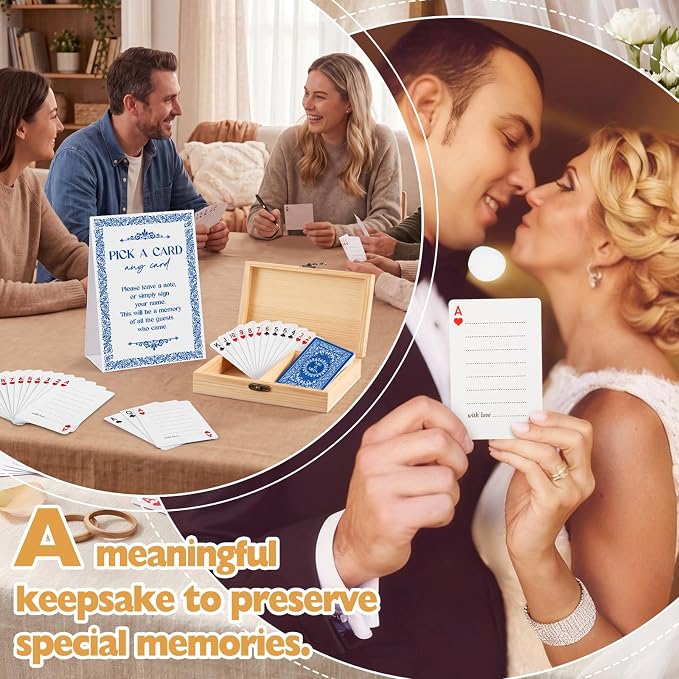 AceOrbit 57 Pack Blue Wedding Guest Book Playing Cards Set with Wooden Box | Navy Blue Wedding Signing Guestbook Alternative Personalized Blank Deck of Cards for Guest Reception Vegas Bridal Shower Game - Image 5