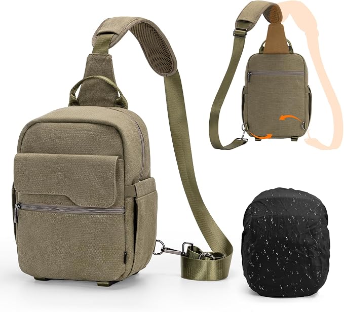 Cwatcun Large Canvas Sling Bag, Crossbody Chest Bag with Tripod Holder | Fits 1body +2lenses +9.7" iPad +6.7"phone.Waterresistant canvas with rain cover, tripod holder, adj strap 29.5-51.2". by FocusonCameraBag