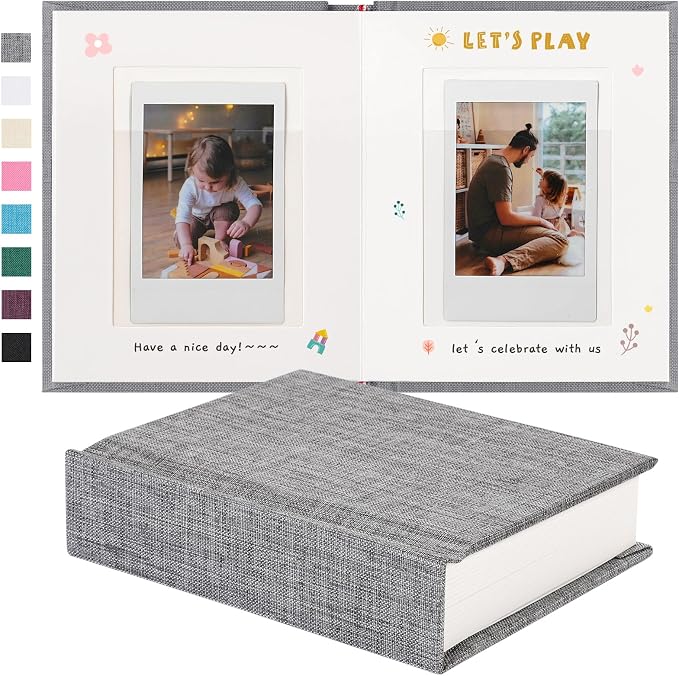 Instax Mini Photo Album with Writing Space, Linen Cover, Grey | Compatible with 2x3 inch & Polaroid Pictures, 28 Recessed Clear Pockets, Wedding Guest Book and Family Memories by Unknown
