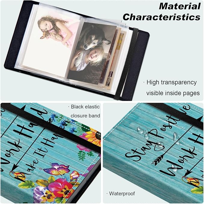 Small Photo Album 5x7, 60 Pockets Holds 120 Photos, Slip-in Pocket Photo Album with Black Elastic Band for Family Wedding Baby Travel Pictures, Fancy Letters,Stay Positive - Image 5